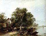Boat Wall Art - River Landscape With Figures Loading A Boat